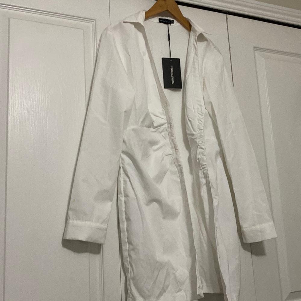 White ruched waist detail plunge shirt dress